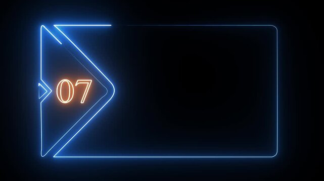 Neon blue rectangular frame with a glowing orange number zero seven on a dark background