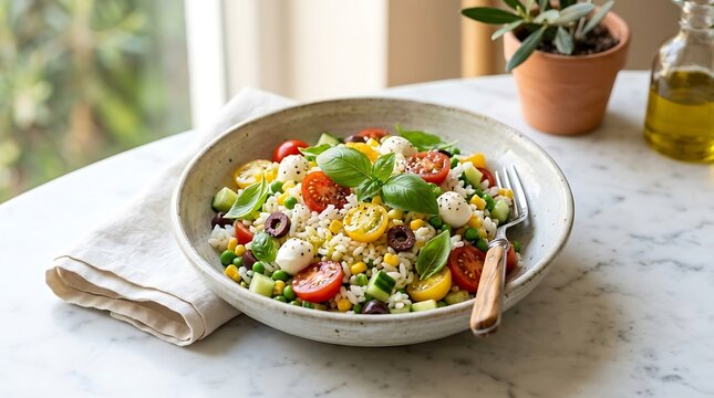 Fresh vegetable salad with cherry tomatoes and olives in a bowl on a bright kitchen table for lunch.  riso insalata
