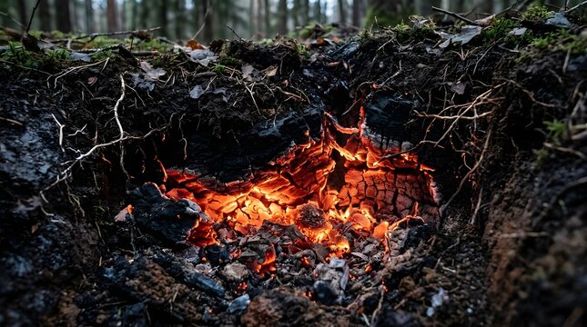 Glowing red embers burning dangerously deep within dark forest soil illustrating severe wildfire risks and hidden environmental hazards
