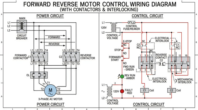 Electrical diagram for forward and reverse motor control with contactors