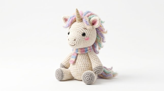 Cute crochet unicorn toy. Amigurumi stuffed animal with rainbow mane on white background.