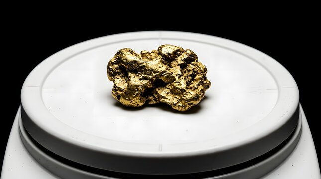 Raw golden nugget resting on a white digital precision scale against a black background depicting precious metal valuation and financial wealth