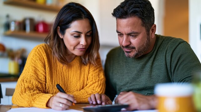 Couple budgeting and meal planning together in bright kitchen