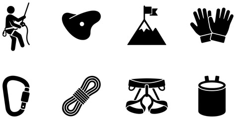 Fototapeta premium Rock Climbing Icons Set, Mountain Adventure Gear, Outdoor Sports Equipment, Vector Graphics for Adventure and Fitness