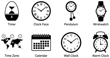Fototapeta premium Time Icons Collection: Timer, Clock Face, Pendulum, Wristwatch, Time Zone, Calendar, Wall Clock, Alarm Clock, Timekeeping Symbols, Vector Graphics
