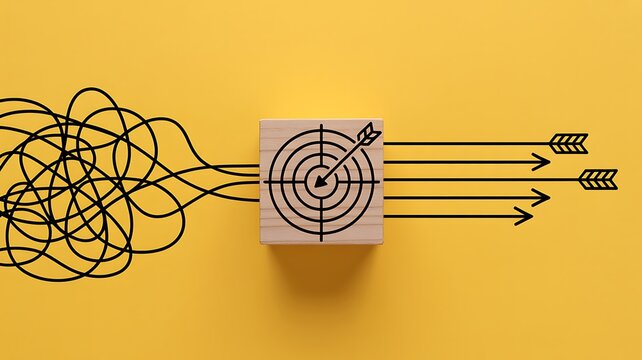 Wooden block with a target icon directs lines into straight arrows.