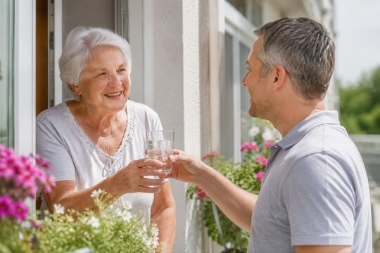 Nachbarschaftshilfe im Sommer &ndash; Ein Mann reicht einer &auml;lteren Frau am Fenster ein Glas Wasser und schenkt damit Aufmerksamkeit, F&uuml;rsorge, Hilfsbereitschaft und soziale N&auml;he im Alltag.