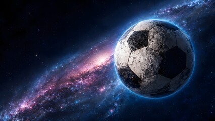Fototapeta premium sports football universe with giant soccer ball planet glowing beside blue galaxy