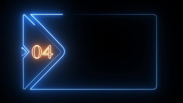 Neon blue rectangular frame with a glowing orange number four inside on a dark black background