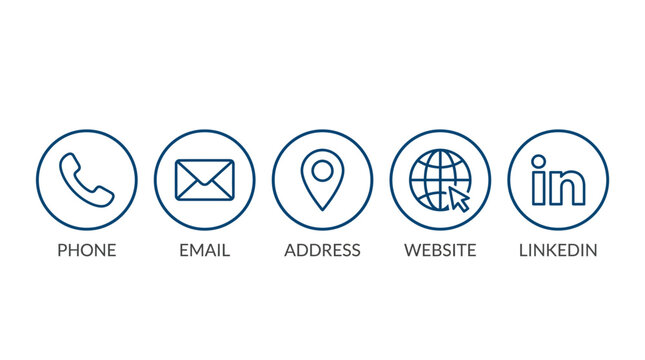 Set of five blue outline contact method icons including phone, email, address, website, and LinkedIn for business communication.