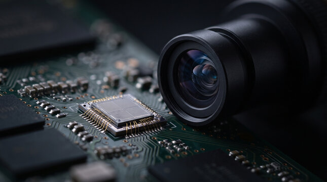 A macro close-up of a camera lens positioned over a green printed circuit board with a ad social media download thambnail poster web template event festival 2026 2027 2028