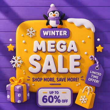 Cute 3D Winter Mega Sale Social Media Banner Poster