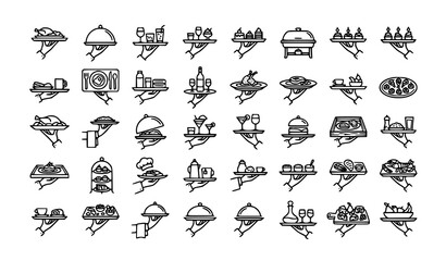 Fototapeta premium Minimal Black Hand Holding Tray Outline Icons Isolated Service Vector Set
