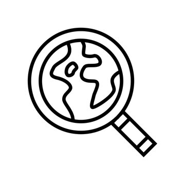 Magnifying glass analyzing earth globe line icon