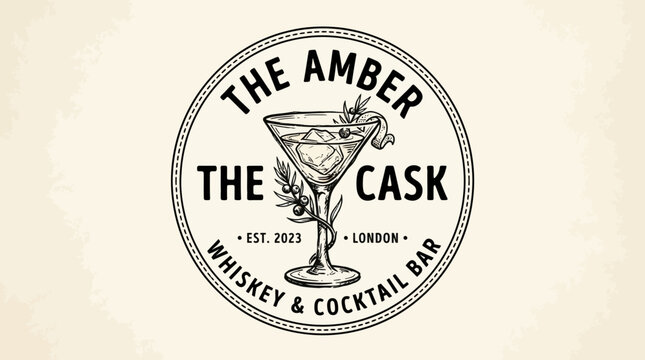 Vintage hand-drawn logo for The Amber Cask, a whiskey and cocktail bar established in London in 2023, featuring a martini glass with a drink and garnish.