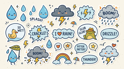 Naklejka premium Cute cartoon weather stickers with kawaii raindrops, clouds, lightning, and speech bubbles about rain and storms.