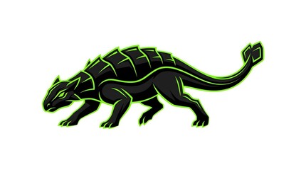 Fototapeta premium Stylized ankylosaurus dinosaur mascot logo with black and neon green outline