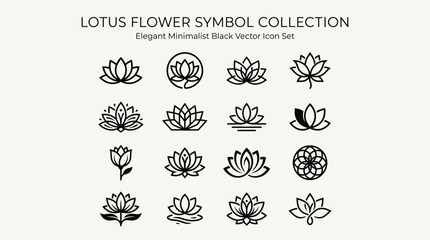 Fototapeta premium Elegant minimalist black vector icon set featuring a collection of various lotus flower symbols and designs.