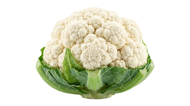 Fresh whole raw cauliflower with large green leaves framing its base, ready for cooking.