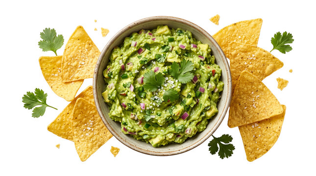 Fresh bowl of green guacamole with corn tortilla chips and cilantro leaves isolated on transparent background.