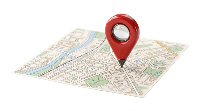 Modern glossy location pin icon sitting on paper city map isolated on transparent background png file.