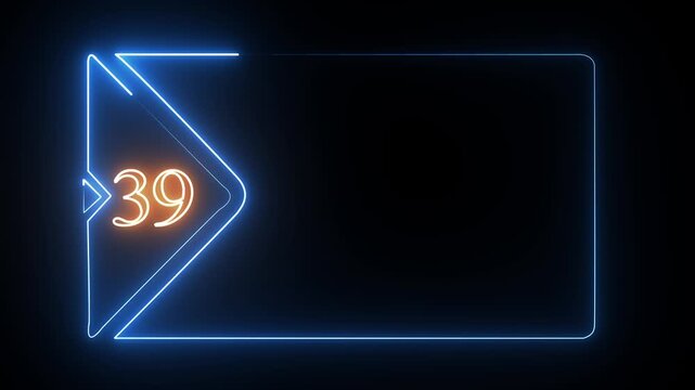 Neon blue frame with the orange number thirty nine inside a glowing triangle shape on dark background