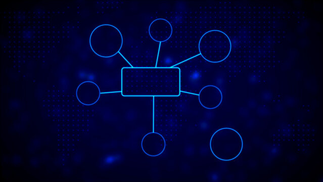Abstract network diagram with glowing neon blue lines connecting a central rectangle to multiple surrounding circles on a dark digital background with blurred blue dots Keywords: network, diagram