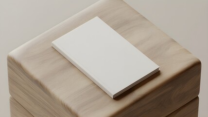 Fototapeta premium Blank closed softcover book mockup resting on a textured wooden block, highangle view
