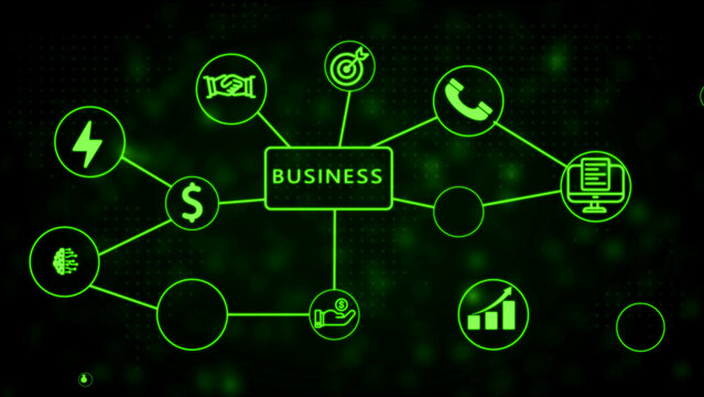 Neon green business concept network diagram with for handshake, target, phone, computer, money, brain, lightning bolt, and growth chart on a dark digital background Keywords: business, network