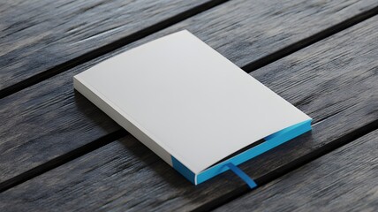 Fototapeta premium Closed blank notebook with blue spine and ribbon bookmark resting on a dark rustic wooden surface