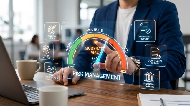 Risk management dashboard showing moderate risk level and financial stability metrics.