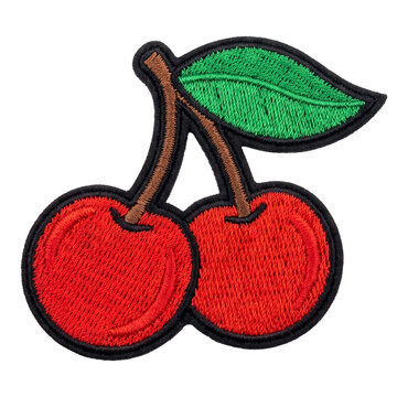 Two cherries with green leaf embroidered patch badge isolated background
