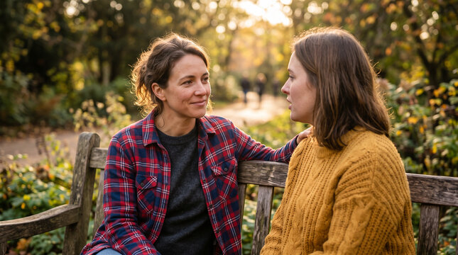 Mother and teenage daughter talking warmly on wooden bench in autumn park