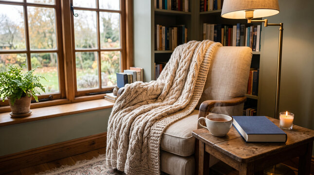 Cozy reading nook with armchair, knit blanket, tea, and book by window