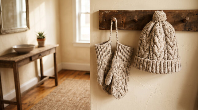 Knitted hat and mittens hanging on wooden hooks in cozy home entryway