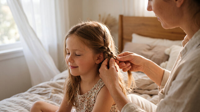 Mother braiding little daughter hair while sitting on bed in bright bedroom