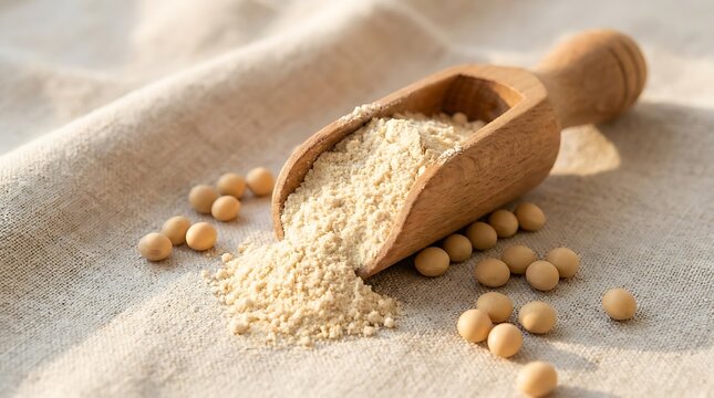 Soybean flour in a wooden scoop with raw soybeans scattered around on a light surface. soy protein powder