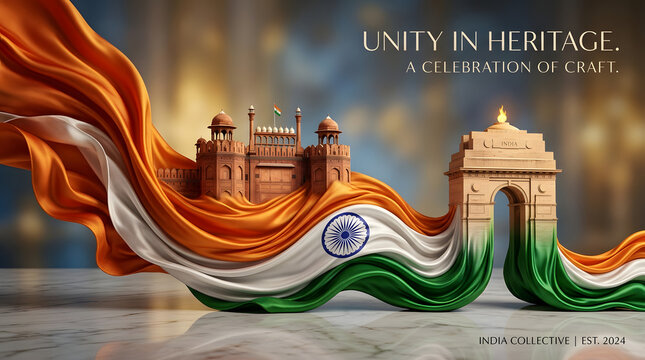 Indian Independence Day 15 August tricolor ribbon with India Gate and Red Fort premium heritage design