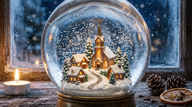 Snow globe with miniature winter village and church on rustic wooden windowsill