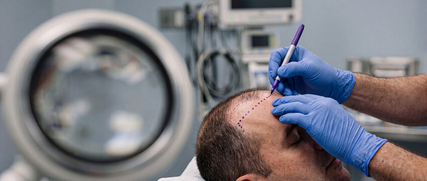 Surgeon marking hairline for male hair transplant consultation in modern clinic preparation