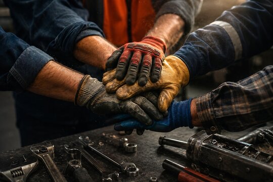 Workers joining gloved hands over tools