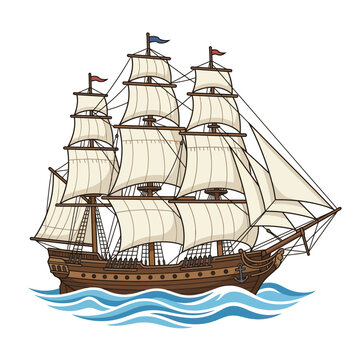 Vintage Sailing Ship on Waves Illustration 1.