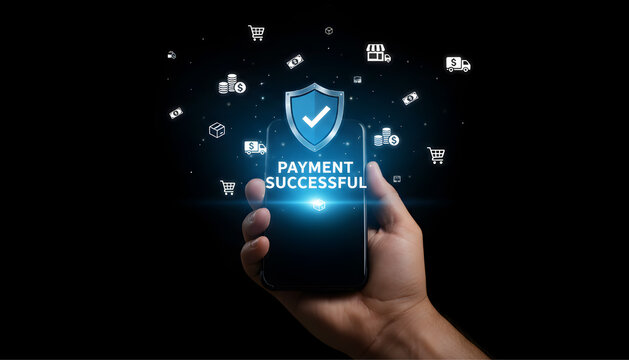 Hand holding smartphone showing payment successful digital security shield