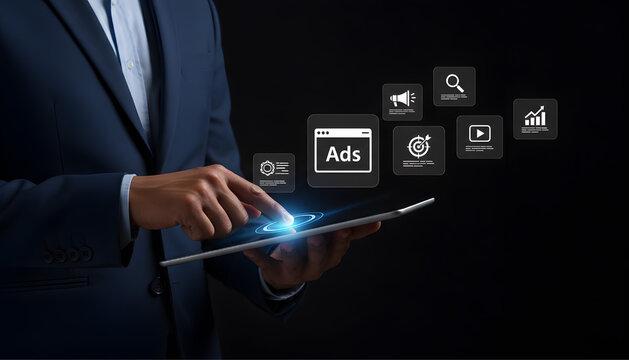 Businessman using tablet with digital marketing strategy icons interface