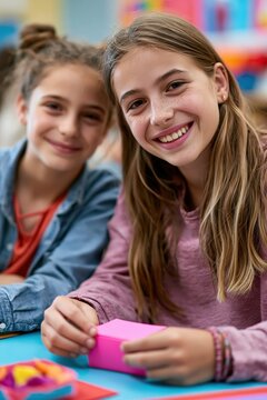 Student offering craft material to classmate in supportive classroom setting