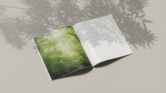 Open magazine mockup with forest imagery on one page, blank page on the other, soft leaf shadows, top view, natureinspired design template