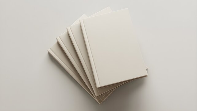 A stack of four blank hardcover books with a clean, minimalist design, arranged neatly on a neutral light grey surface, topdown view