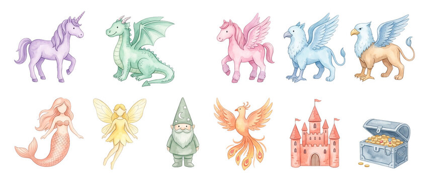 Cute fantasy creatures watercolor set featuring unicorn dragon fairy castle mermaid pegasus griffin phoenix wizard treasure chest isolated illustrations for kids storybook design clip art set.
