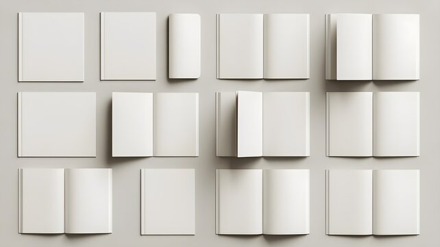 Set of blank brochure and booklet mockups, various open and closed square magazine templates