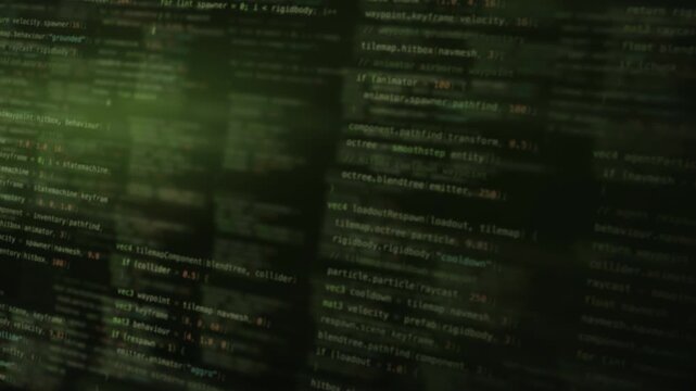 Abstract Blurred Code Background Featuring Soft Green Glows and Dark Textures, Ideal for Game Development and Tech Presentations
